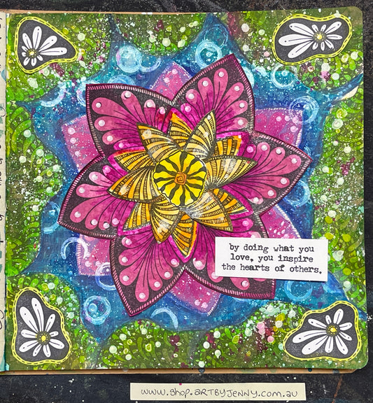 By doing what we love, we inspire others - art journal page for how to use stamps to grow a waterlily and border of lilypads.