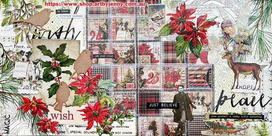Art by Jenny art journal page of a festive collage. All you need are a few arty treasures and a surface to create upon.