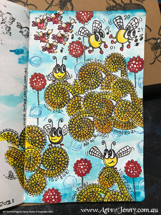Art Journal Page featuring Dyan Reaveley Dylusions Stamps of bees, fish and flowers. Made by Jenny James in colours of yellow, red and blue.