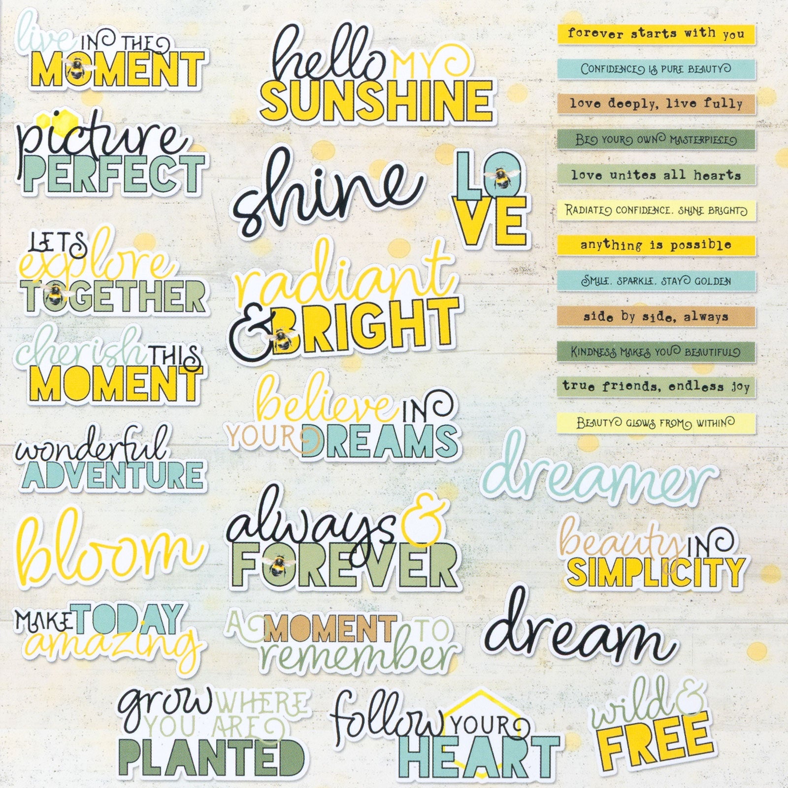 Botanical Buzz - Chipboard Words ... by 49 and Market. Single sided printed die cut into shapes with loving, mindful, thought provoking, heartfelt phrases in various typographical colourful styles, each made of 1mm thick compressed cardstock. 32 (thirty two) assorted pieces. This enchanting collection of words, phrases and thoughts are made of a singled sided smooth matte chipboard. Each piece is precut and ready to use for scrapbooking, art and junk journaling, cardmaking, visual papercrafts. DBB32413