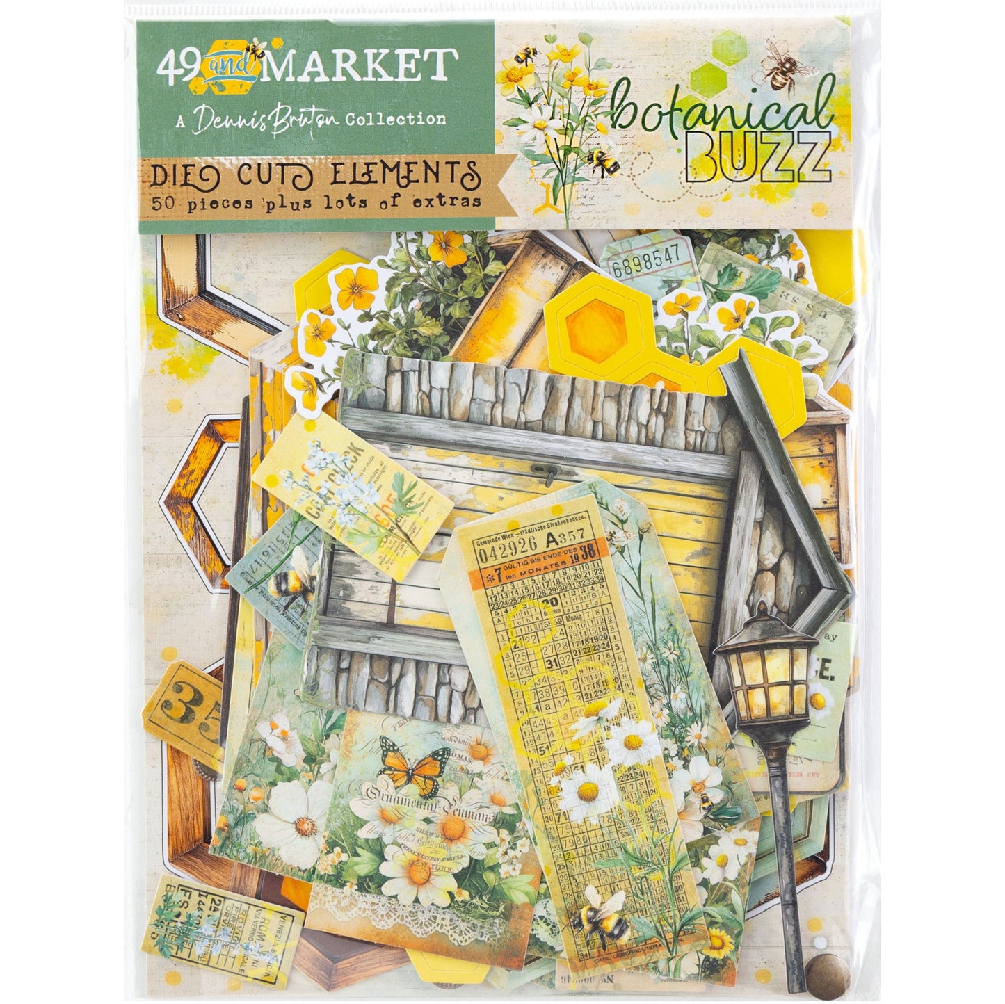 Botanical Buzz - Die Cut Elements ... by 49 and Market. Single sided printed ephemera paper die cut into shapes of gorgeous honeybee related designs including bees, honeycomb, daisies, frames, tags, lamp posts, outhouse (timber garden or potting shed), flowers, hexagons and much more. 50 (fifty) assorted pieces. DBB32406 Photo of the pack including contents. Designed by Dennis Bruton for 49 and Market.