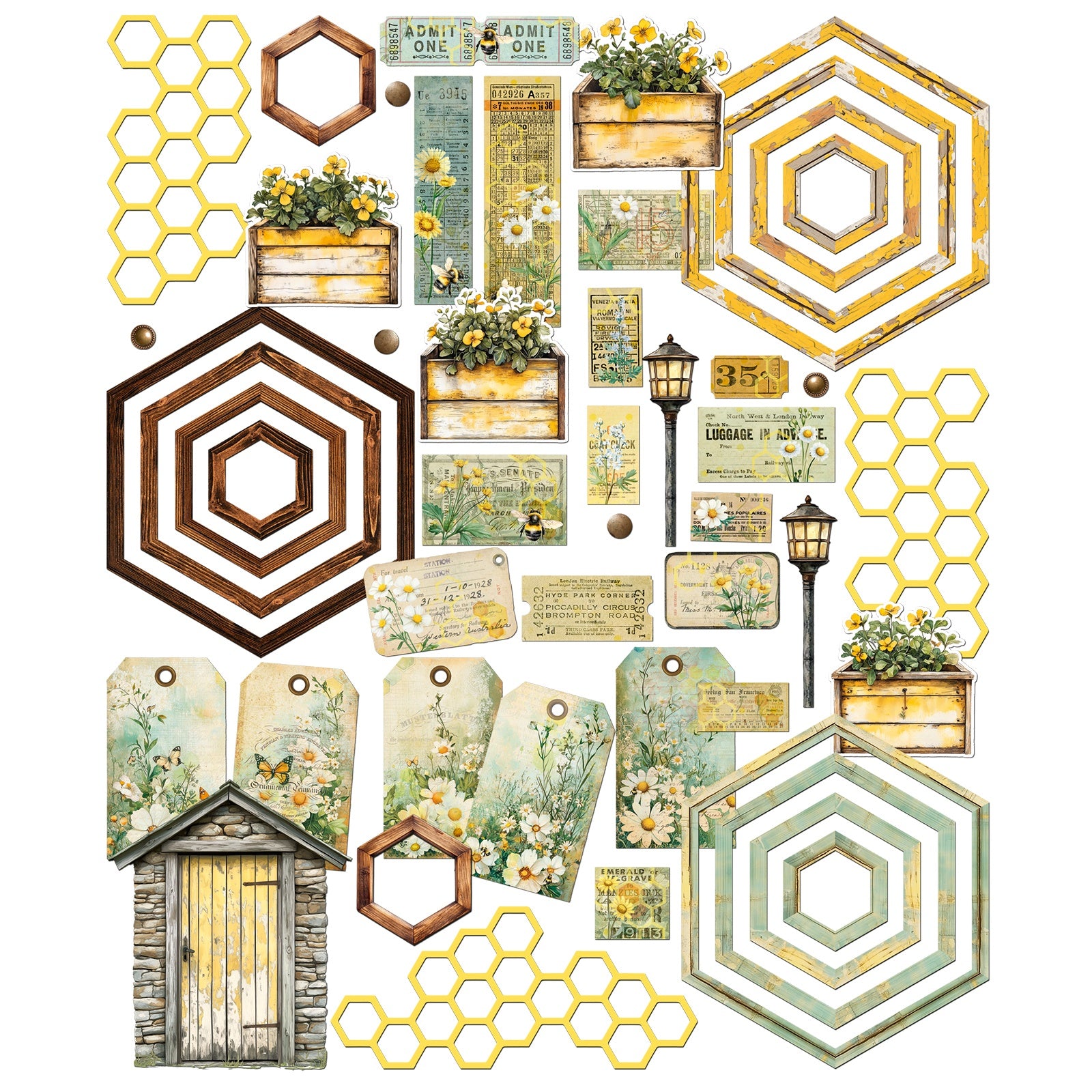 Botanical Buzz - Die Cut Elements ... by 49 and Market. Single sided printed ephemera paper die cut into shapes of gorgeous honeybee related designs including bees, honeycomb, daisies, frames, tags, lamp posts, outhouse (timber garden or potting shed), flowers, hexagons and much more. 50 (fifty) assorted pieces. DBB32406 Photo of the contents. Designed by Dennis Bruton for 49 and Market.