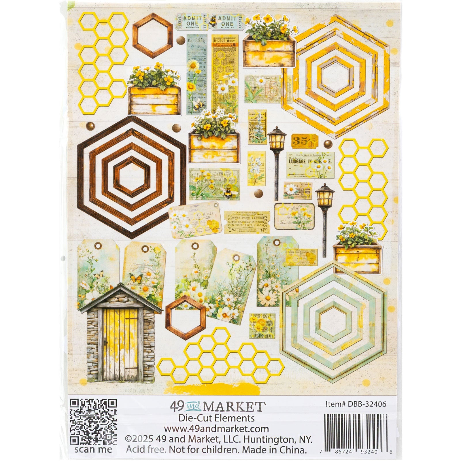Botanical Buzz - Die Cut Elements ... by 49 and Market. Single sided printed ephemera paper die cut into shapes of gorgeous honeybee related designs including bees, honeycomb, daisies, frames, tags, lamp posts, outhouse (timber garden or potting shed), flowers, hexagons and much more. 50 (fifty) assorted pieces. DBB32406 Photo of the pack backing sheet showing the contents. Designed by Dennis Bruton for 49 and Market.