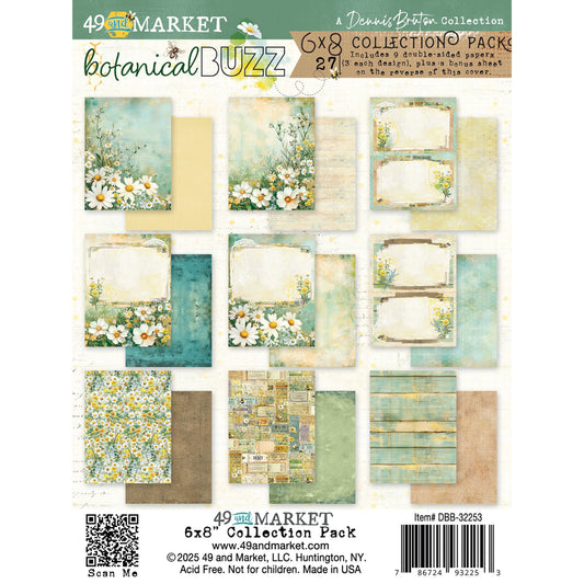 Botanical Buzz - Paper Collection, 6"x8" ... by 49 and Market. Double sided printed paper sheets with gorgeous honeybee and daisy related designs. Matte smooth finish, 6 inch x 8 inch (15.2cm x 20.3cm), 27 (twenty seven) sheets (3 of each design) plus the cover sheet.This enchanting collection of beautiful paper is perfect for scrapbooking, art and junk journaling, cardmaking, visual papercrafts. DBB32253. Photo of the pack cover.