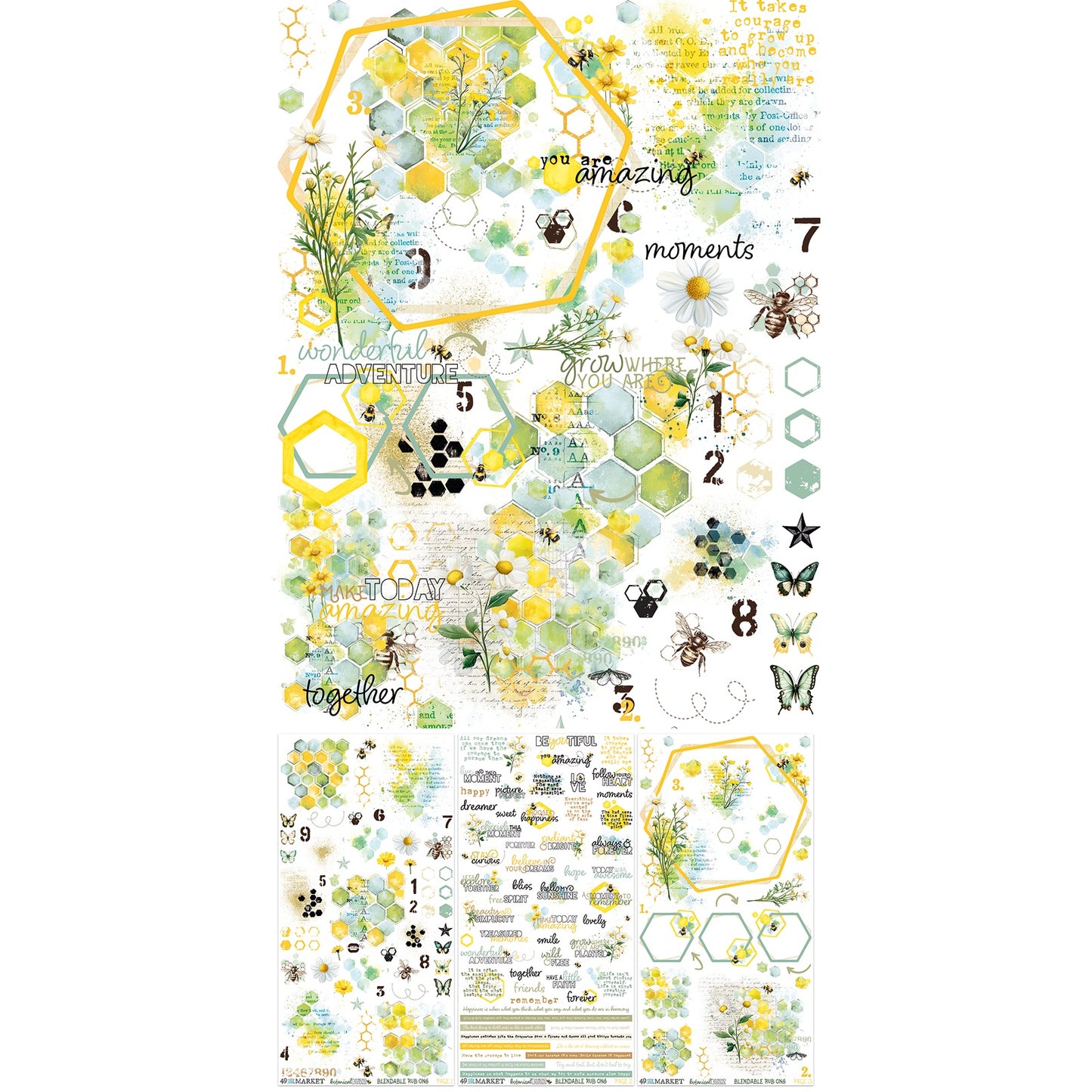 Botanical Buzz - Rub On Transfers ... by 49 and Market. An abundance of gorgeous honeybee related designs including bees, honeycomb, daisies, frames, words, thoughts, flowers, hexagon patterns, in colours of yellows, aqua and green. Example of how to overlay designs with miniature overview of the sheets underneath. Add the beautifully styled hexagon framed configurations, flowers, bumblebees and more to add natural elements and inspirational phrases to your papercraft and mixed media projects.