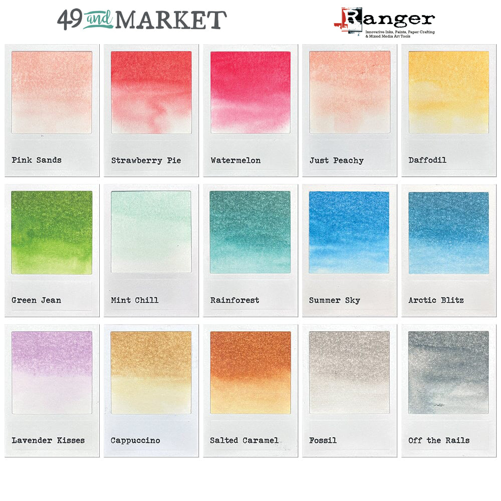 swatched samples showing 15 colours of Dye Ink Pad ... by 49 and Market, made by Ranger - Highly pigmented dye-based blendable ink to use on paper and cardstock for journaling, cardmaking, scrapbooking, collage, mixed media, papercrafting adventures of all kinds. Stamp pad size is 3.88" x 2.75". Unlock endless creative possibilities with 49 and Market's highly pigmented dye ink manufactured by Ranger Ink in the USA.