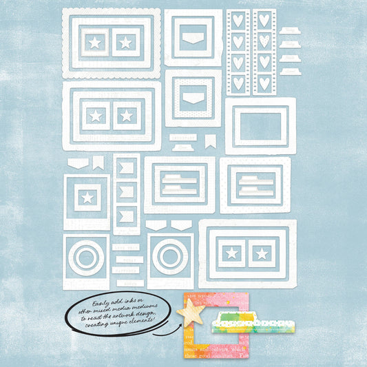 Frames - Irresistible Die Cut Shapes ... by Vicki Boutin with 49 and Market. White designs of text, lines, spots and patterns printed on specialty cardstock in shapes of tabs, frames and tags to use with resist techniques for scrapbooking, art and junk journaling, card making and mixed media. 72 (seventy two) pieces of assorted sizes, one of each design. Imagine matching your layerable embellishments to your creation, quickly and easily! Add colour with inks and paints to reveal the designs. VBI34295