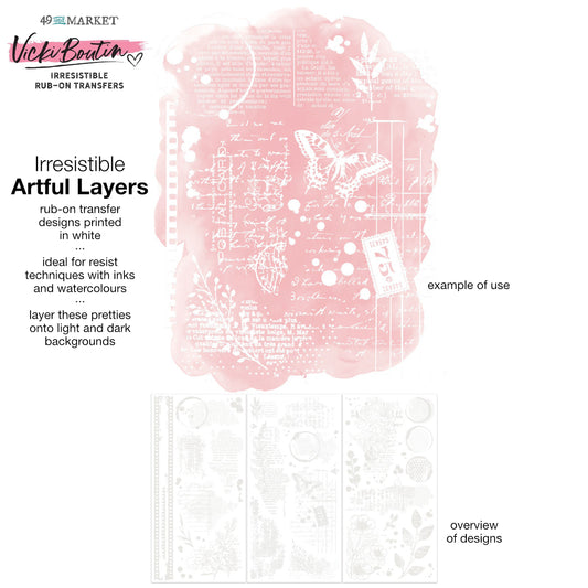 Artful Layers - Irresistible Rub-On Transfers ... by Vicki Boutin with 49 and Market. White botanical, splatters, ledgers and butterfly designs to use as layering or resist techniques for scrapbooking, art and junk journaling, card making and mixed media. 3 (three) sheets 12"x6" (150mm x 305mm), one of each design.
Imagine adding white designs to artwork with the simple smoosh of a bone creaser tool, a stylus or if you have one, Tim's Remnant Rubs Tool. Use these designs on light or dark papers. VBI34264