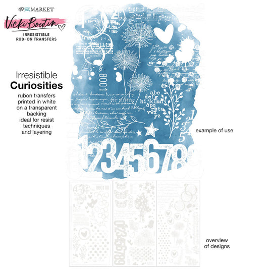 Curiosities, White - Irresistible Rub-On Transfers, Willow Grove ... by Vicki Boutin with 49 and Market. 3 (three) sheets, one of each design. This beautiful collection of blendable transparent transfer sheets with white printed designs are used for scrapbooking, art and junk journaling, cardmaking, visual papercrafts. 
Perfect to use for a quick and easy resist design or layered image. Use with blending tools and your favourite ink pads to bring them to life. Picture of example of use.