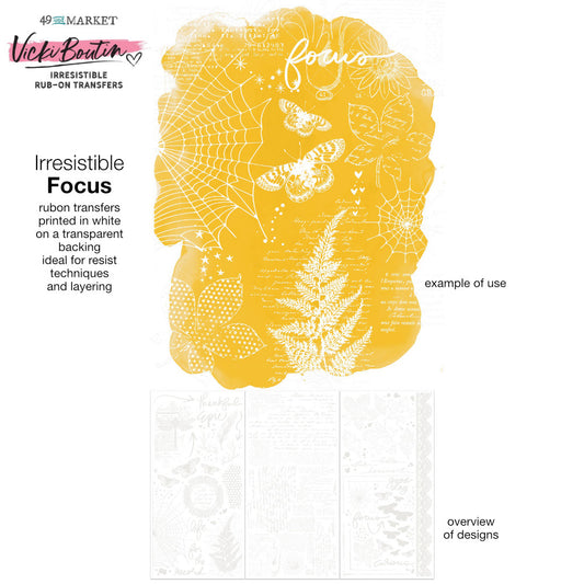 Focus, White - Irresistible Rub-On Transfers, Willow Grove ... by Vicki Boutin with 49 and Market. 3 (three) sheets, one of each design. This beautiful collection of blendable transparent transfer sheets with white printed designs of butterflies, lace, dragonfly, feathers, positivity, handwritten texts, arrows and more - used for scrapbooking, art and junk journaling, cardmaking, visual papercrafts. Perfect for resist techniques and layering. Picture of an example of use.
