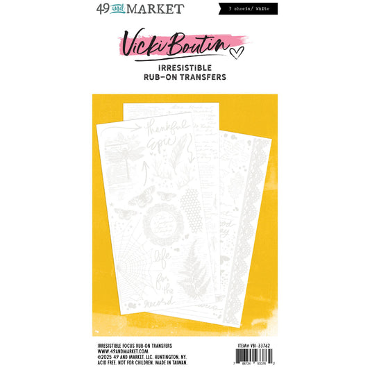 Focus, White - Irresistible Rub-On Transfers, Willow Grove ... by Vicki Boutin with 49 and Market. 3 (three) sheets, one of each design. This beautiful collection of blendable transparent transfer sheets with white printed designs of butterflies, lace, dragonfly, feathers, positivity, handwritten texts, arrows and more - used for scrapbooking, art and junk journaling, cardmaking, visual papercrafts. Perfect for resist techniques and layering. Picture of the packaging.