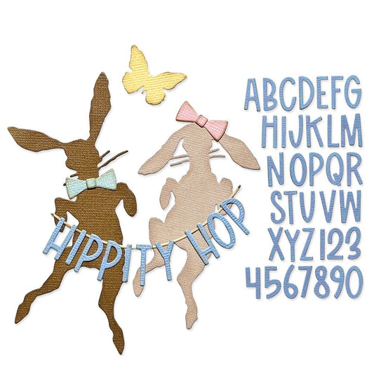 examples of Hippity Hop - from the Vault Thinlits Die Cutting Templates by Tim Holtz, made by Sizzix (no.666562). These designs cut out 2 adorable rabbits (bunnies, hares), a piece of string and an alphabet (modern narrow sans serif, uppercase with numerals). Add these wonderful and versatile designs to greeting cards, tags, off the page displays, cards, scrapbook pages, art journaling, all kinds of visual arts and papercrafts.