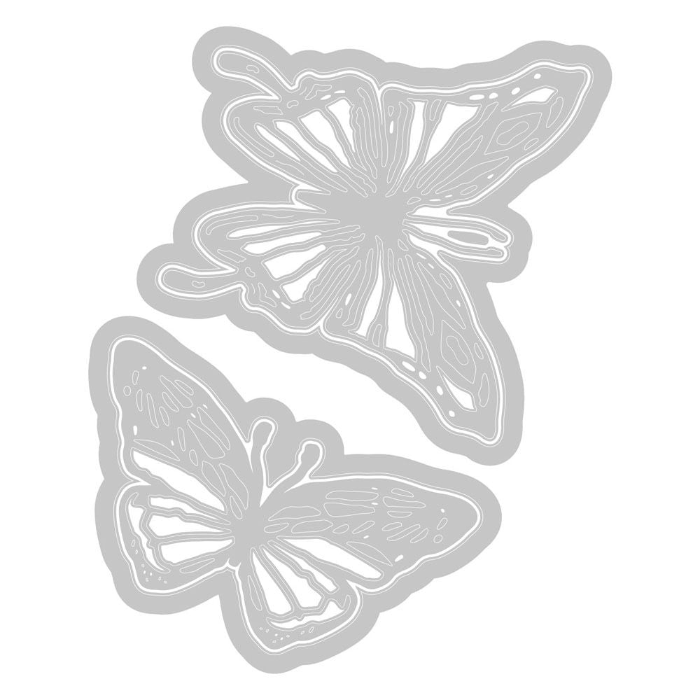 the 4 templates of Scribbly Butterflies, large - from the Vault Thinlits Die Cutting Templates by Tim Holtz, made by Sizzix (no.666564). These designs cut out 2 beautiful butterflies including their backing piece and detailed upper layers. Add these wonderful and versatile designs to greeting cards, tags, off the page displays, cards, scrapbook pages, art journaling, all kinds of visual arts and papercrafts.
