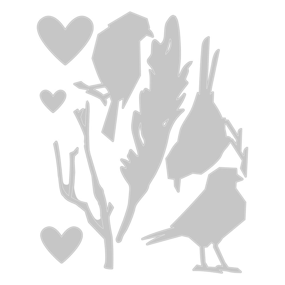 templates of Love Birds - from the Vault Thinlits Die Cutting Templates by Tim Holtz, made by Sizzix (no.666566). These designs cut out three birds, a branch, feather and trio of hearts. Add these versatile designs to greeting cards, tags, off the page displays, cards, scrapbook pages, art journaling, all kinds of visual arts and papercrafts - use wherever and however you wish :)