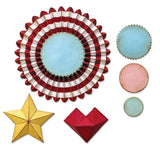 examples of Rosettes - from the Vault Thinlits Die Cutting Templates by Tim Holtz, made by Sizzix (no.666567). These designs cut out 3D heart, 3D 5-pointed star, large rosette, and four embossed circular shapes. Add these versatile designs to greeting cards, tags, off the page displays, cards, scrapbook pages, art journaling, all kinds of visual arts and papercrafts - use wherever and however you wish :)