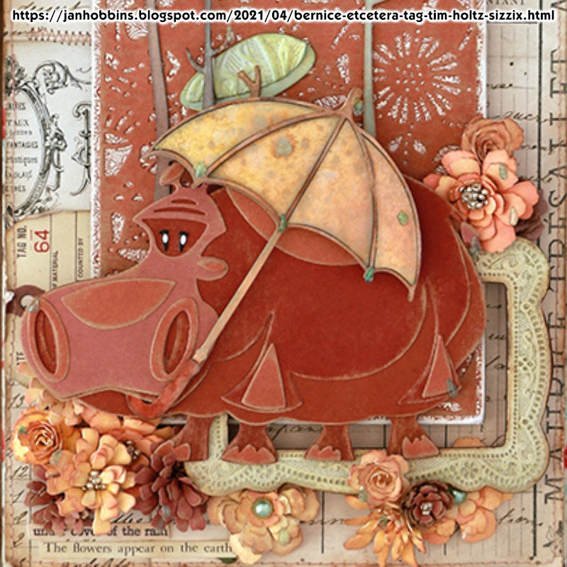 Bernice the Hippo ... Colorize Thinlits - Die Cutting Templates by Tim Holtz and Sizzix (no. 665366). Autumn colours with raindrops with Bernice holding an umbrella. Mooverlous make by Jan Hobbins.