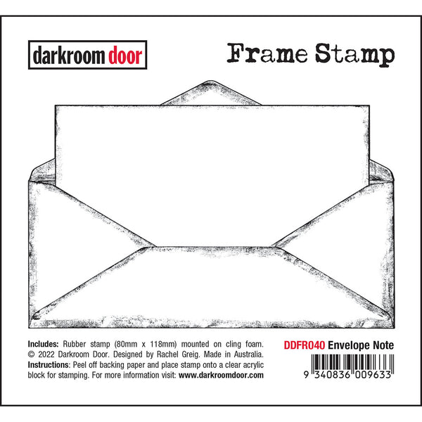 Envelope Note ... Frame Stamp - Darkroom Door. Cling foam mounted red rubber stamp of a traditional style of envelope, open with a clean sheet of paper ready for art, messages or photos, 80mm x 118mm (DDFR040). Ideal for shopping lists, bullet journals, buju, junk journaling and more!  This art stamp is perfect for use for anything at all including cardmaking, journaling, Project Life, scrapbooking and mixed media. 