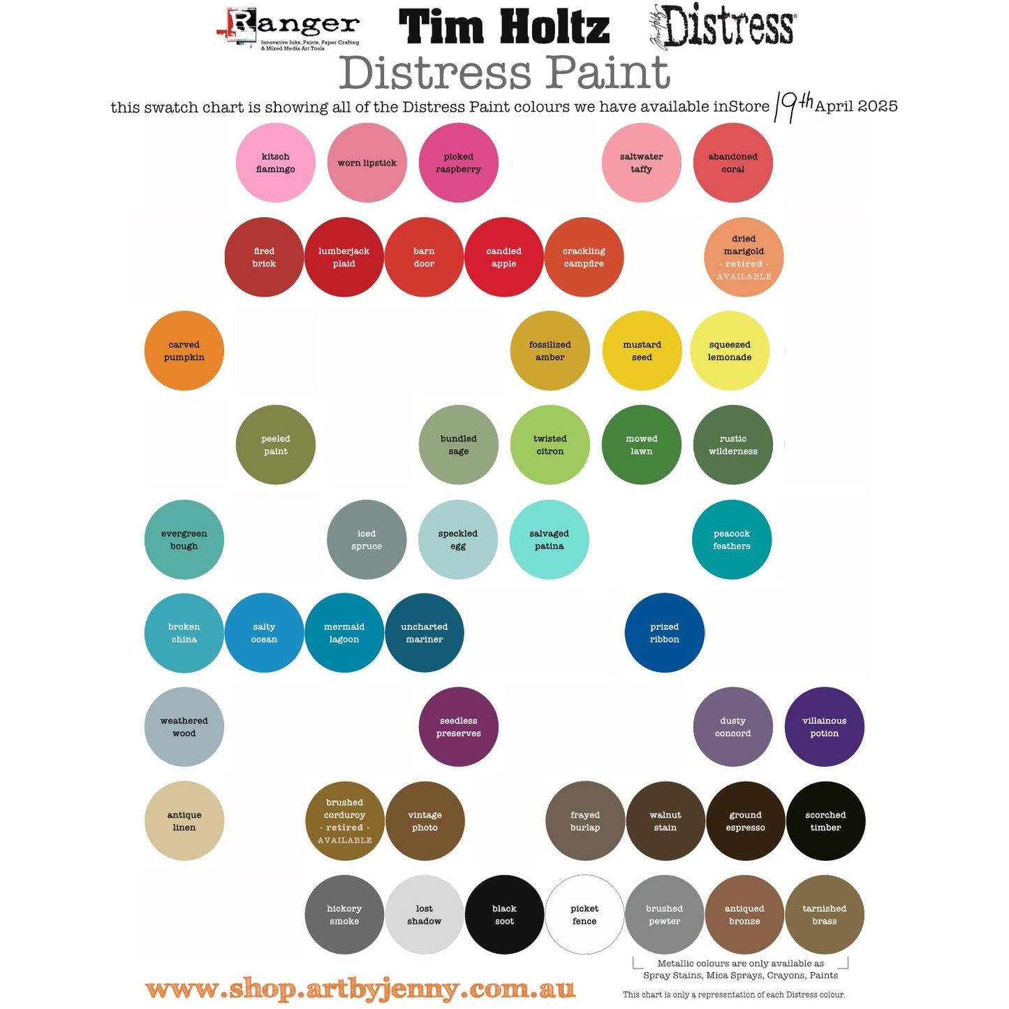 Distress Paint by Tim Holtz and Ranger Ink ... Image showing all the currently available colours in stock at Art by Jenny. Choose any 1 (one) bottle (1 fl oz, 29ml with flip cap lid) of multi-media paint in a wonderful range of unique water-reactive acrylic paint which dries matte, opaque and permanent on most surfaces. It's such a fun mixed media paint.