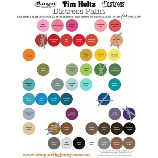 Distress Paint by Tim Holtz and Ranger Ink ... Image showing all the currently available colours in stock at Art by Jenny. Choose any 1 (one) bottle (1 fl oz, 29ml with flip cap lid) of multi-media paint in a wonderful range of unique water-reactive acrylic paint which dries matte, opaque and permanent on most surfaces. It's such a fun mixed media paint.