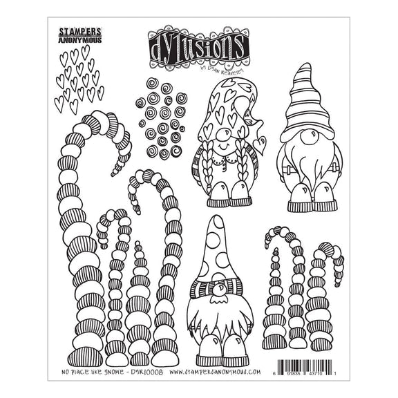 No Place Like Gnome ... Dylusions Stamp Set (DYR10008). Original designs by Dyan Reaveley, made by Stampers Anonymous out of red rubber mounted on cling foam. Perfect for mixed media, art journaling, scrapbooking, stamping on fabrics, using in papercrafts and visual arts of all kinds. 7 (seven) designs. These fun and whimsical designs include three gnome friends (about 3" to 3.5" tall), with stripey swirly garden stalks (trees, grass, seaweed, hooks), spiral spots and little hearts.