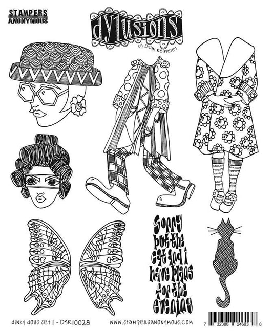 Dinky Dolls 1 ... Cling Stamps - Dylusions by Dyan Reaveley (DYR10028) and Stampers Anonymous. Original designs by Dyan Reaveley, made by Stampers Anonymous out of red rubber mounted on cling foam. Perfect for mixed media, art journaling, scrapbooking, stamping on fabrics, using in papercrafts and visual arts of all kinds. 8 (eight) designs. Minis of The Cat and i. Sunshine Girl, Sunday and more.