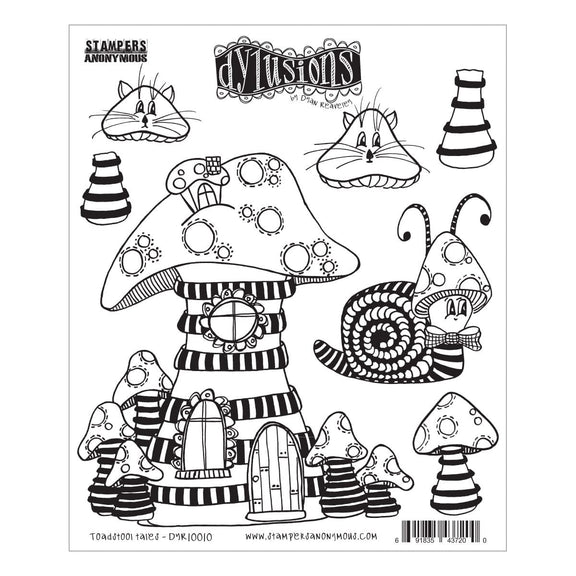 Toadstool Tales ... Dylusions Stamp Set (DYR10010). Original designs by Dyan Reaveley, made by Stampers Anonymous out of red rubber mounted on cling foam. Perfect for mixed media, art journaling, scrapbooking, stamping on fabrics, papercrafts. 7 (seven) designs. Designs include a beautiful big toadstool gnome home with stripy ring walls, a tiny attic, round window, wooden door and garden, plus whiskered faces, a cut snail with bow tie, toadstool hat and spare mushroom stalks.