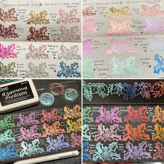 Art by Jenny Dyalog pages made using Dylusions Dyan Reaveley Dyamond Dust fine mica powders in all the colours, on black and vanilla mixed media papers.