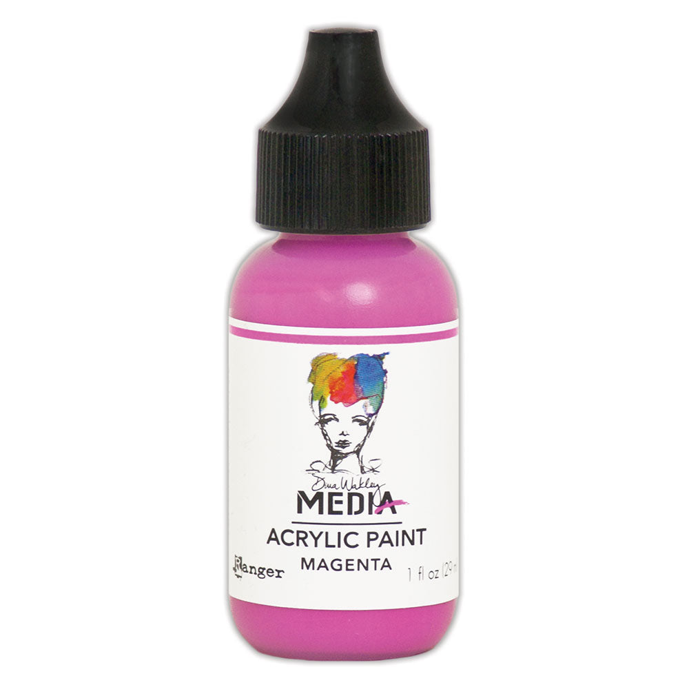 bottle of acrylic paint by Dina Wakley MEdia and Ranger Ink. Each bottle holds 1 fl oz (29ml) of artists' quality acrylic paint and has a fine tipped nozzle. Thick buttery watersoluble paint (permanent once dry) to use in journaling, paper crafts, gel printing, monoprinting, home decor, mixed media and visual arts.
