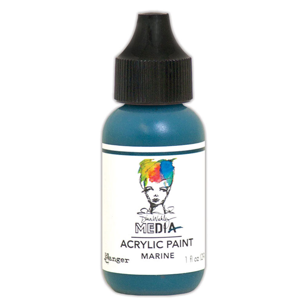 bottle of acrylic paint by Dina Wakley MEdia and Ranger Ink. Each bottle holds 1 fl oz (29ml) of artists' quality acrylic paint and has a fine tipped nozzle. Thick buttery watersoluble paint (permanent once dry) to use in journaling, paper crafts, gel printing, monoprinting, home decor, mixed media and visual arts.