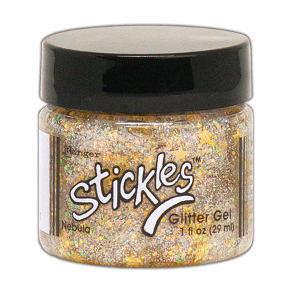 Nebula (pale gold)  - Stickles Glitter Gel ... by Ranger - a thick tacky gel matte medium with an abundance of glittery goodness (glitters, speckles, sequins floating in clear and tinted gel mediums), available in 13 beautiful colours. Stickles Gel is a 1 fl oz (29ml) wide opening jar.