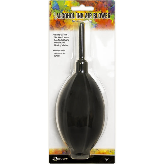 Ink Blower Tool ... by Ranger and Tim Holtz. Hand held bellows, an air blowing tool for papercrafts, mixed media and visual arts. TAC69096 . A convenient easy to use hand held tool to use with all liquids, inks, fluid paints, alcohol inks and blending solutions. Squeeze the bellows to pump air out of the nozzle to disperse inks around your surface while the inks are still wet. The rubber squeeze bulb (bellows) enables you to control the flow of air by the pressure applied. Photo of product.