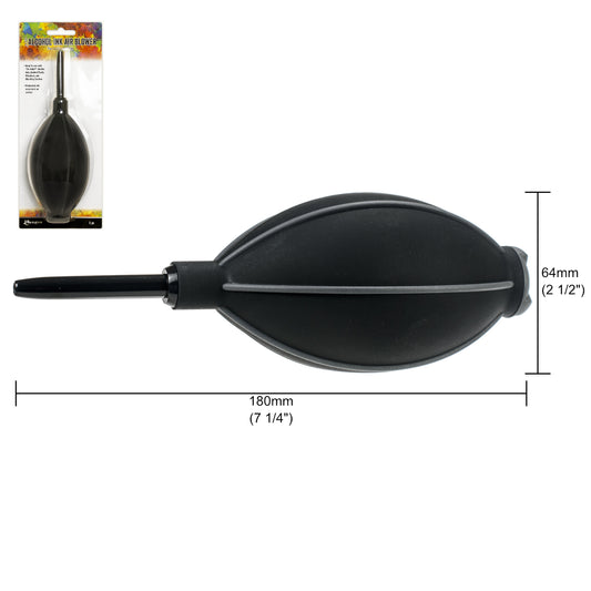 Ink Blower Tool ... by Ranger and Tim Holtz. Hand held bellows, an air blowing tool for papercrafts, mixed media and visual arts. TAC69096 . A convenient easy to use hand held tool to use with all liquids, inks, fluid paints, alcohol inks and blending solutions. Squeeze the bellows to pump air out of the nozzle to disperse inks around your surface while the inks are still wet. The rubber squeeze bulb (bellows) enables you to control the flow of air by the pressure applied. Photo with measurements.