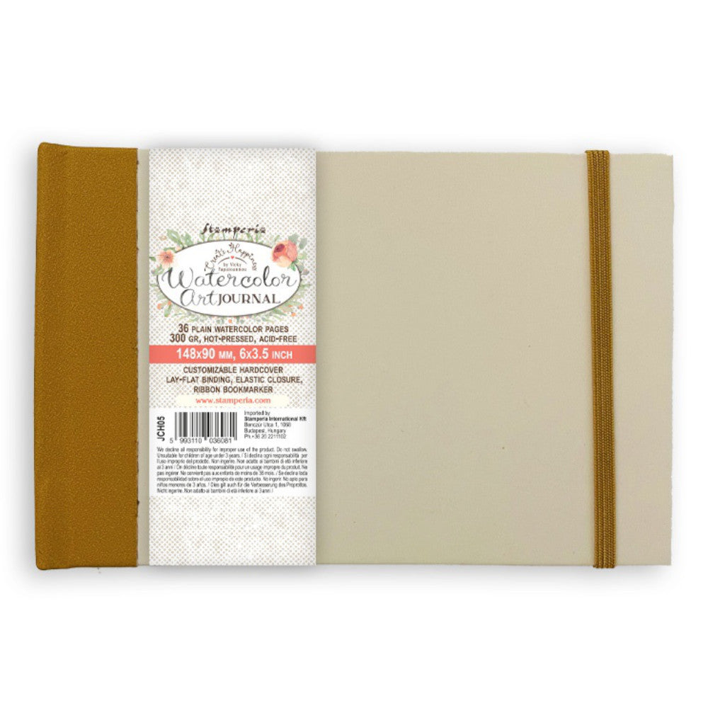 Watercolour Art Journal - Small, 6x3.5 inch ... by Stamperia and Vicky Papaioannou. Small book with plain (blank) natural creamy white, smooth medium-heavyweight paper (300gr), hot pressed versatile watercolour paper. Bound with a hardcover, it lays flat for easy of use. Contains 36 pages (18 sheets). Create Happiness with Vicky using this wonderful travel and junk journal sized art book for creating, painting, stamping, collaging and drawing! while named 6x3.5 inch - the cover is 6 1/4" x 4" in size.