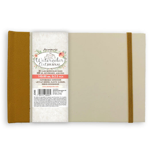 Watercolour Art Journal - Small, 6x3.5 inch ... by Stamperia and Vicky Papaioannou. Small book with plain (blank) natural creamy white, smooth medium-heavyweight paper (300gr), hot pressed versatile watercolour paper. Bound with a hardcover, it lays flat for easy of use. Contains 36 pages (18 sheets). Create Happiness with Vicky using this wonderful travel and junk journal sized art book for creating, painting, stamping, collaging and drawing! while named 6x3.5 inch - the cover is 6 1/4" x 4" in size.