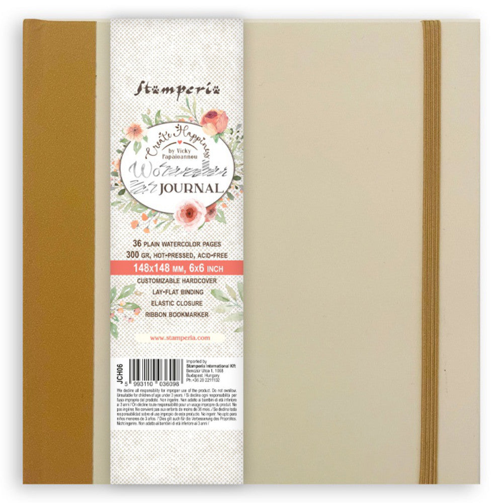 Watercolour Art Journal - Square ... by Stamperia and Vicky Papaioannou. Square book with plain (blank) natural creamy white, smooth medium-heavyweight paper (300gr), hot pressed versatile watercolour paper. Bound with a hardcover, it lays flat for easy of use. Contains 36 pages (18 sheets). Create Happiness with Vicky using this wonderful sized art book for creating, painting, stamping, collaging and drawing! Use it for anything you wish :) while named 6x6, it is 6 1/4" x 6 1/4" (157mm x 157mm) in size.