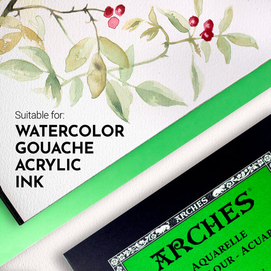 an example from Arches - featuring watercolour painted foliage and berries over the background of the Cold Pressed Watercolour Paper, Textured Natural White ... by Arches - pad of 100% cotton, aquarelle (watercolour), natural white (warm white), 140lb (300gsm) paper, bound along the top short edge. Size : 9" x 12" (23cm x 31cm). 12 (twelve) sheets of beautifully textured excellent quality substrate for creativity and visual arts.