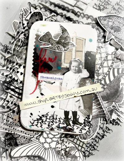 creative play using Dina Wakley MEdia Art Cards with Tim Holtz Idea-Ology Paper Dolls 'Poses', Engravings, Dina's Transparencies and stamped images on mixed media heavystock paper. Made by Jenny with supplies from 'Art by Jenny' in Australia.