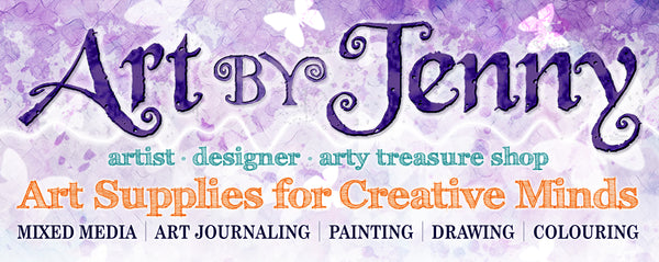 Art by Jenny online shop logo in purple orange and turquoise, with words stating 'art supplies for creative minds, mixed media, art journaling, painting, drawing, colouring'