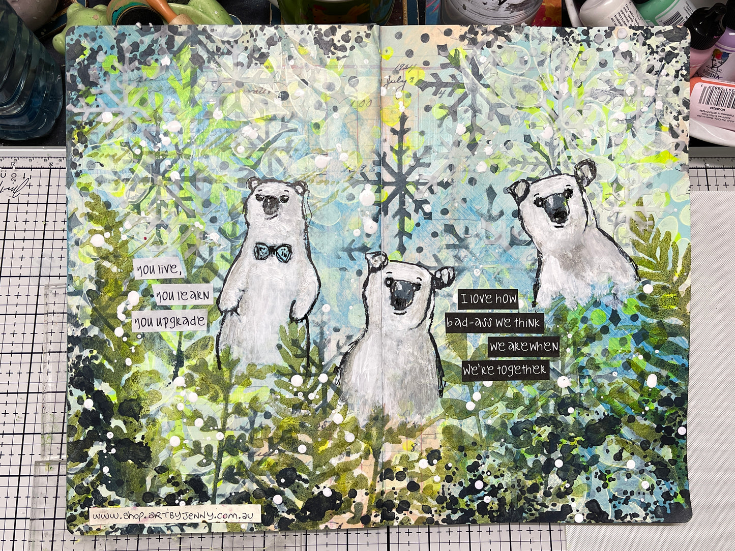 Art journal page by Jenny James made using Dina Wakley Scribbly Bears, Ledger Journal and Dylusions Paint.