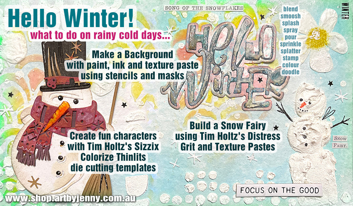 Artwork made using Winston Thinlits Colorize Die Cutting Templates by Tim Holtz, made by Sizzix (no.665569). 
Winston as shown here has a woolly scarf, top hat with sparkles, a witch's style broom (what I call a proper broom with bristles and tied onto the stick, handle), 3 buttons and carrot for his nose (as one does). Size complete, 7cm x 12cm on a journal page 6"x12" wide showing arty things to make in winter.