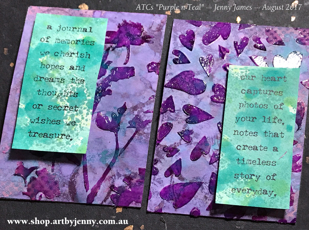 example by Jenny James using the Ranger Transparent Glossy Texture Paste applied through various stencils on a purple background ... a dimensional medium with clear coverage and raised smooth gloss finish for use in mixed media, scrapbooking, papercrafts, visual arts.