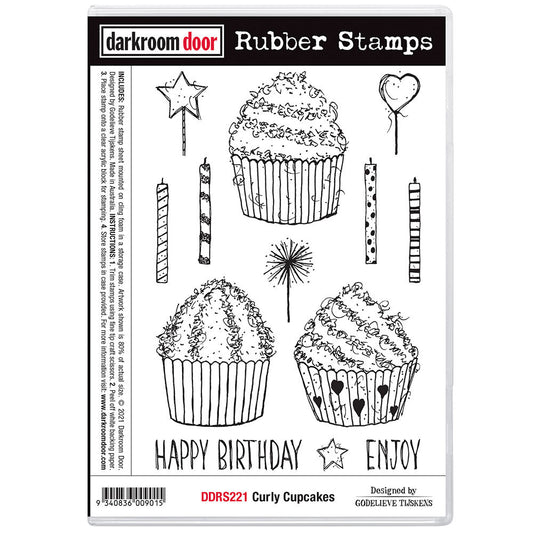 Curly Cupcakes ... by Darkroom Door - cling mounted red rubber stamps for visual arts, papercraft and scrapbooking (DDRS221). 13 (thirteen) designs.  A wonderful set of party designs to enjoy! 3 (three) cupcakes in paper patty pans, 4 (four) decorated candles, 1 (one) sparkler, 2 (two) balloons or shaped candles (heart and star), 1 (one) five pointed star, two greetings in inky uppercase (Happy birthday, enjoy). 
