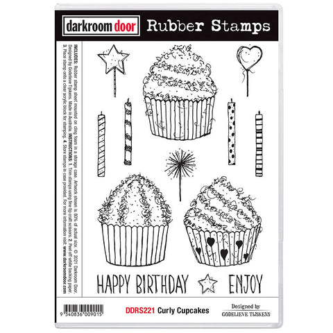 Curly Cupcakes ... by Darkroom Door - cling mounted red rubber stamps for visual arts, papercraft and scrapbooking (DDRS221). 13 (thirteen) designs.  A wonderful set of party designs to enjoy! 3 (three) cupcakes in paper patty pans, 4 (four) decorated candles, 1 (one) sparkler, 2 (two) balloons or shaped candles (heart and star), 1 (one) five pointed star, two greetings in inky uppercase (Happy birthday, enjoy). 