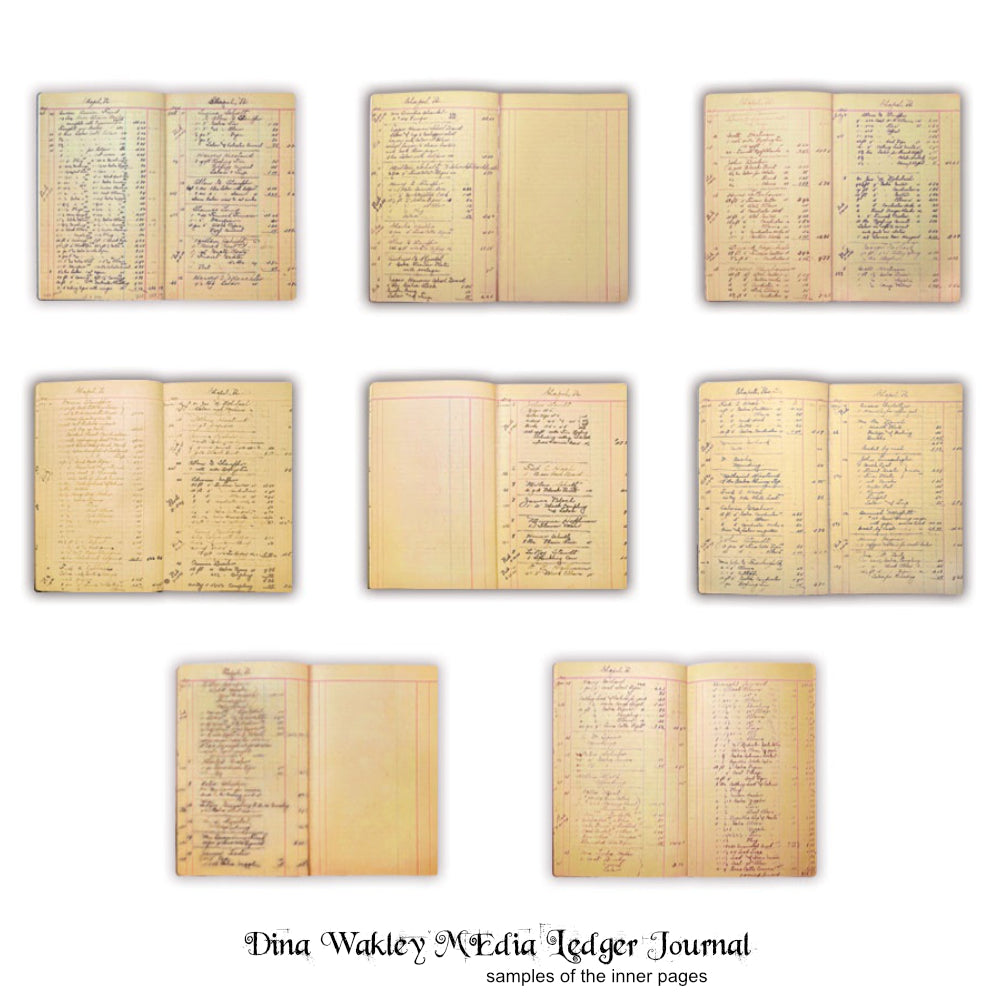 The Dina Wakley MEdia Ledger Journal is a creative reproduction of an authentic 1920s hardware store accounting book, complete with the cover style. Great for mixed media, junk journaling, book altering enthusiasts, using as journal fodder for other pages, creating art however you please with whatever you wish! Photos are samples of the inside pages.