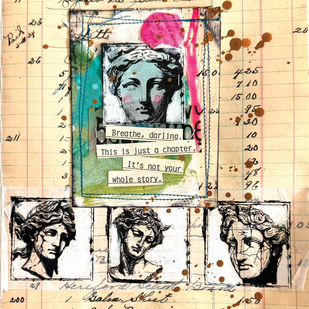 The Dina Wakley MEdia Ledger Journal is a creative reproduction of an authentic 1920s hardware store accounting book, complete with the cover style. Great for mixed media, junk journaling, book altering enthusiasts, using as journal fodder for other pages, creating art however you please with whatever you wish! Photo borrowed from Ranger and Dina Wakley showing Dina's latest artwork, collage with faces.