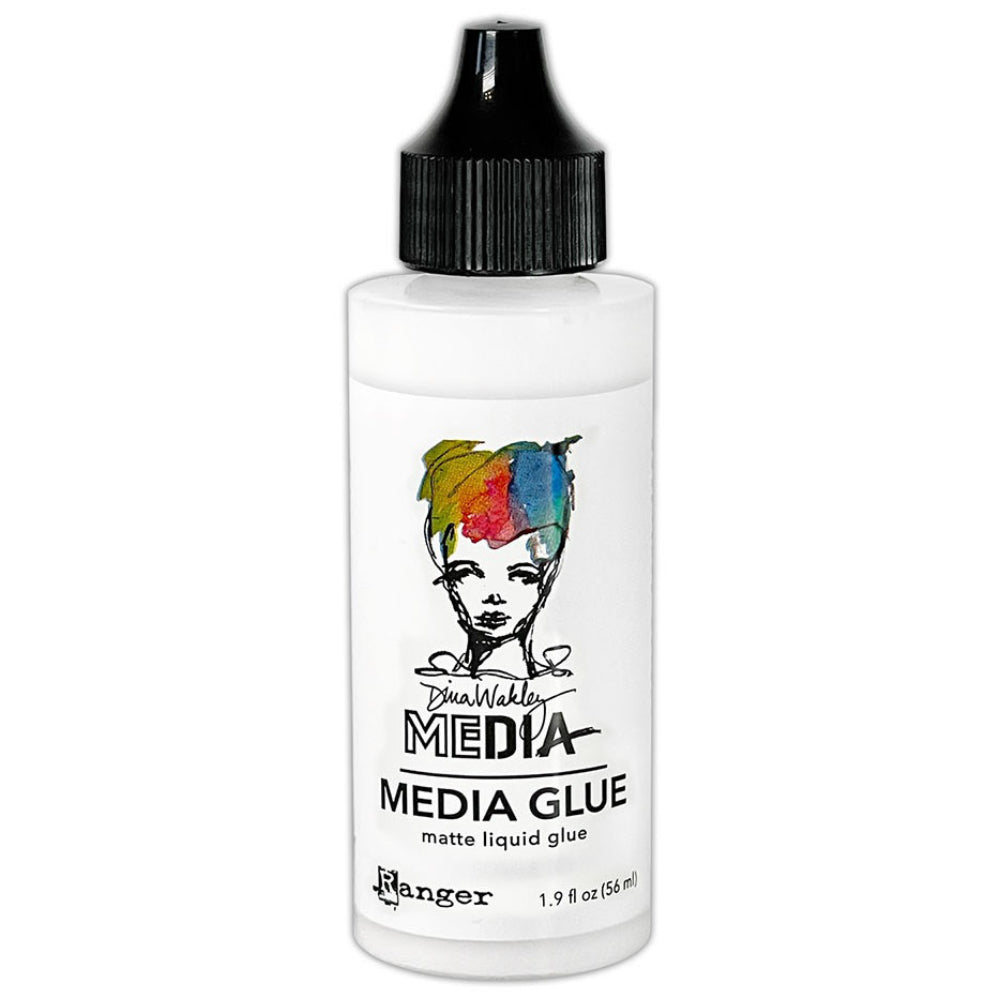 Glue - Dina Wakley MEdia ... white mixed media glue which cures clear and matte in a 1.9fl oz (56ml) bottle with fine tip. Made by Ranger. Dina Wakley MEdia wet glue is matte (smooth, flat, flexible, almost invisible once dry, transparent) and designed for gluing all kinds of papers, cardstocks, fabrics, surfaces and elements in all kinds of arts, crafts, collage, journaling, scrapbooking and mixed media projects.