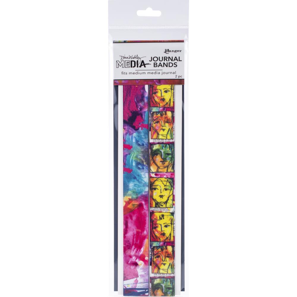 Journal Bands - Medium ... by Dina Wakley MEdia and Ranger. Smooth and silky to the touch, wide elastic band to suit medium to large sized books. Pack of 2 (two) bands, each 242mm (9.5 inch) x 25mm (1 inch) wide. MDA65685. One Journal Band features black sketchy inky faces in squares over a yellow, pink abstract background. The other band features an abstract painted background of pinks, blues, purples with smattering of white and golden yellow.