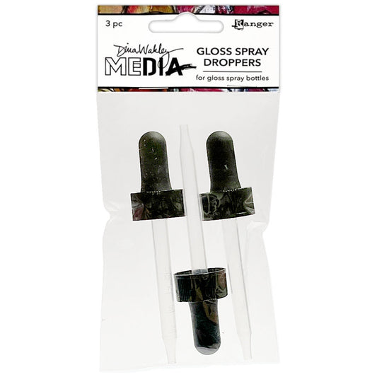 Long Droppers - by Dina Wakley MEdia and Ranger ... These DW Droppers are long eye dropper style ink applicators with an easy squeeze rubber tip and long dispenser with marked measurements. Perfect for use with Dina Wakley MEdia Gloss Spray bottles (sold separately). Pack of 3 (three) droppers.  These plastic long droppers (transparent (clear) tube, long easy squeezing top, one mL marked in .25ml increments). These tops fit and seal the Dina Wakley MEdia spray bottles.