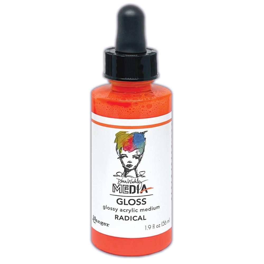 Radical Orange - Neon - Gloss Acrylic Medium by Dina Wakley MEdia and Ranger. Each bottle holds 1.9 fl oz (56ml) of colourful fluid paint with the viscosity of thick opaque ink that dries to a smooth finish. Spray, pour, spill, paint or dabble onto all your creations - mixed media, cards, art Journals, through stencils, over masks, onto Chipboard Shapes, artboards and other surfaces.