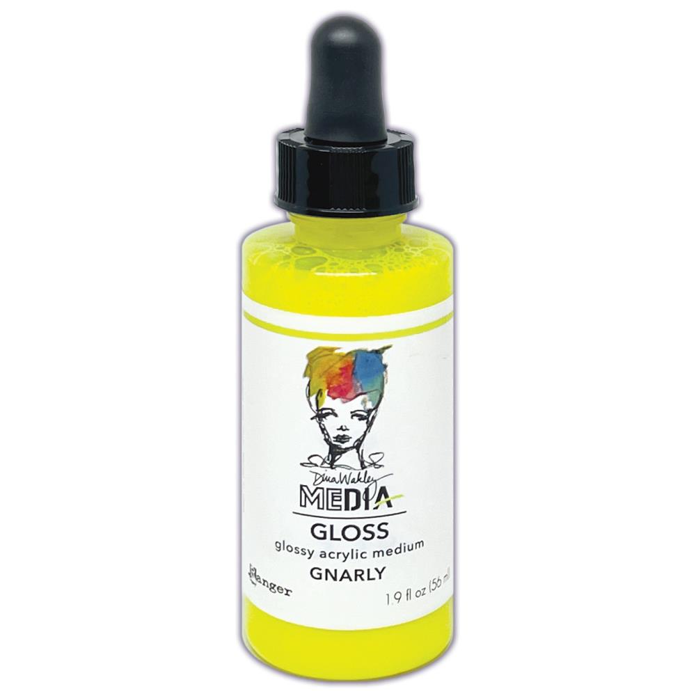 Gnarly Yellow - Neon - Gloss Acrylic Medium by Dina Wakley MEdia and Ranger. Each bottle holds 1.9 fl oz (56ml) of colourful fluid paint with the viscosity of thick opaque ink that dries to a smooth finish. Spray, pour, spill, paint or dabble onto all your creations - mixed media, cards, art Journals, through stencils, over masks, onto Chipboard Shapes, artboards and other surfaces.